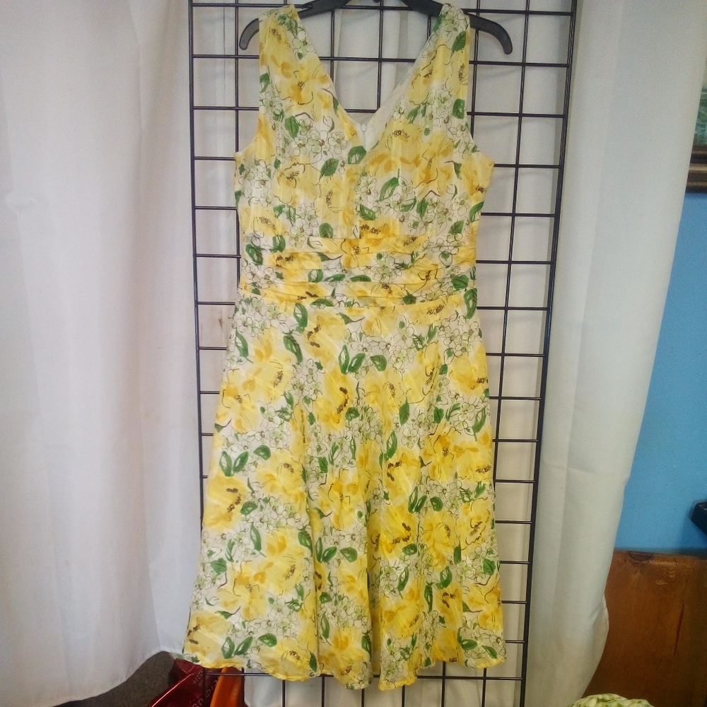 Vintage Robbie Bee Floral  Midi Dress Womens sz 12 Yellow w/Green Sleeveless